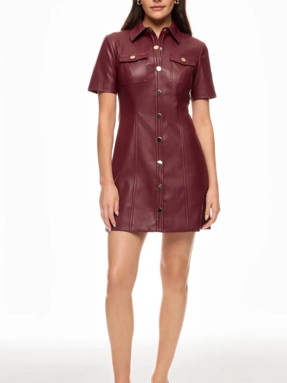 Toccin Faux Leather Mini Shirt Dress in Wine